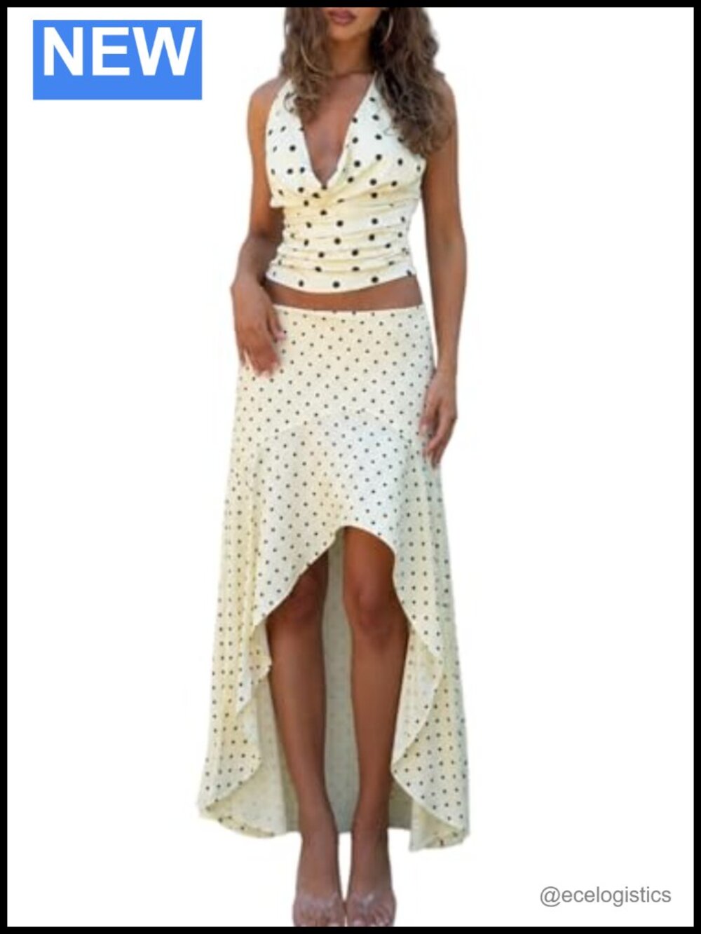 Women 2 Piece Midi Skirt Set Polka Dot Halter Crop Top Summer Matching Outfits